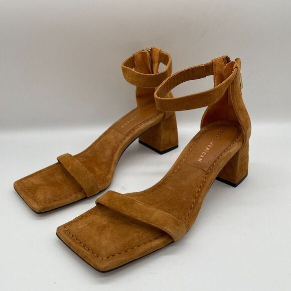 Good American Shoes Sz 5 Tan Suede Ankle Strap Heeled Sandals Block Heel Dressy - Picture 4 of 11